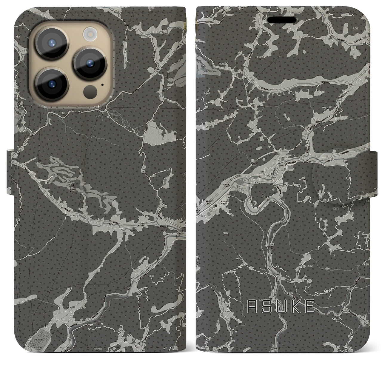 【足助(愛知県)】地図柄iPhoneケース(手帳タイプ)モノトーン・iPhone 14 Pro Max 用