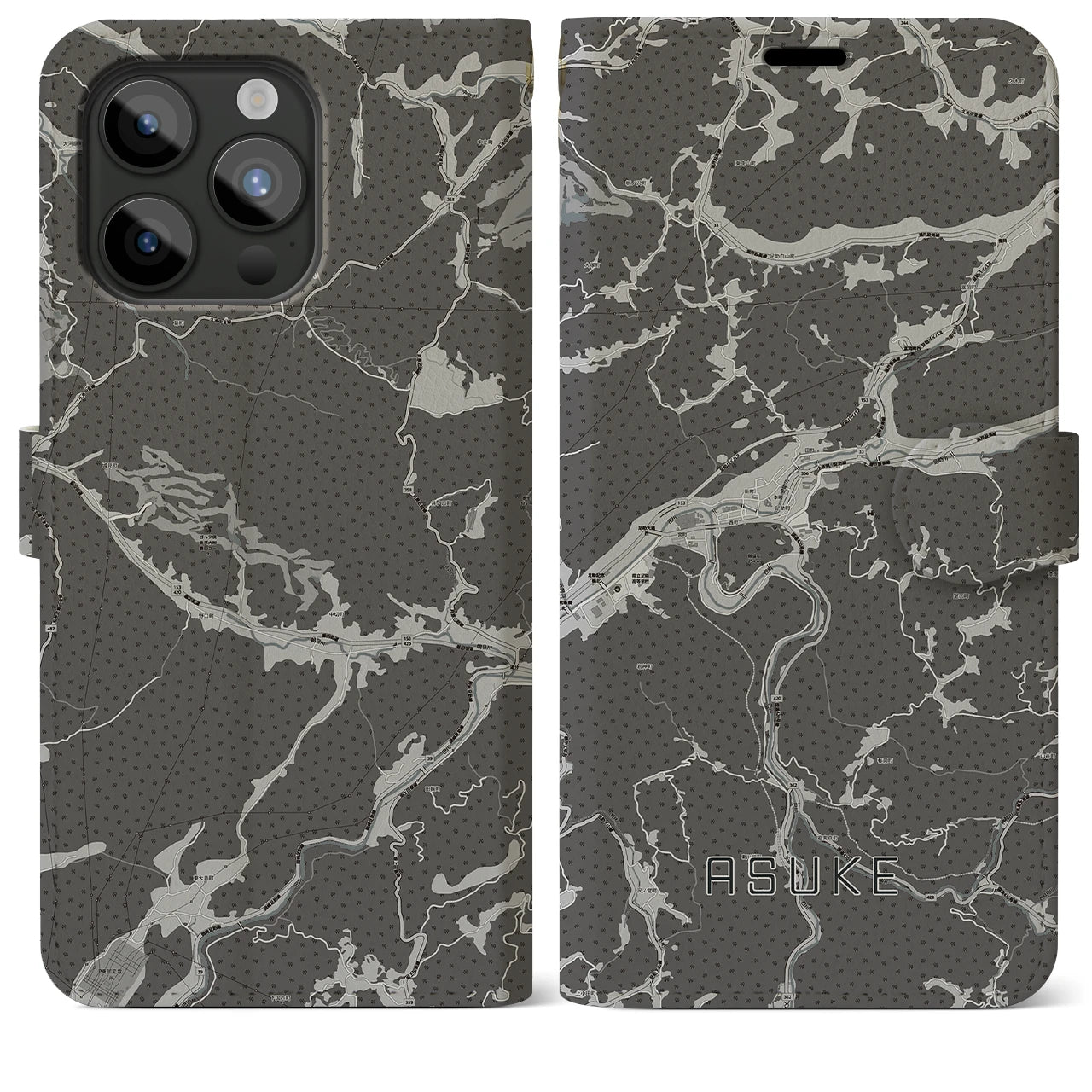 【足助(愛知県)】地図柄iPhoneケース(手帳タイプ)モノトーン・iPhone 15 Pro Max 用