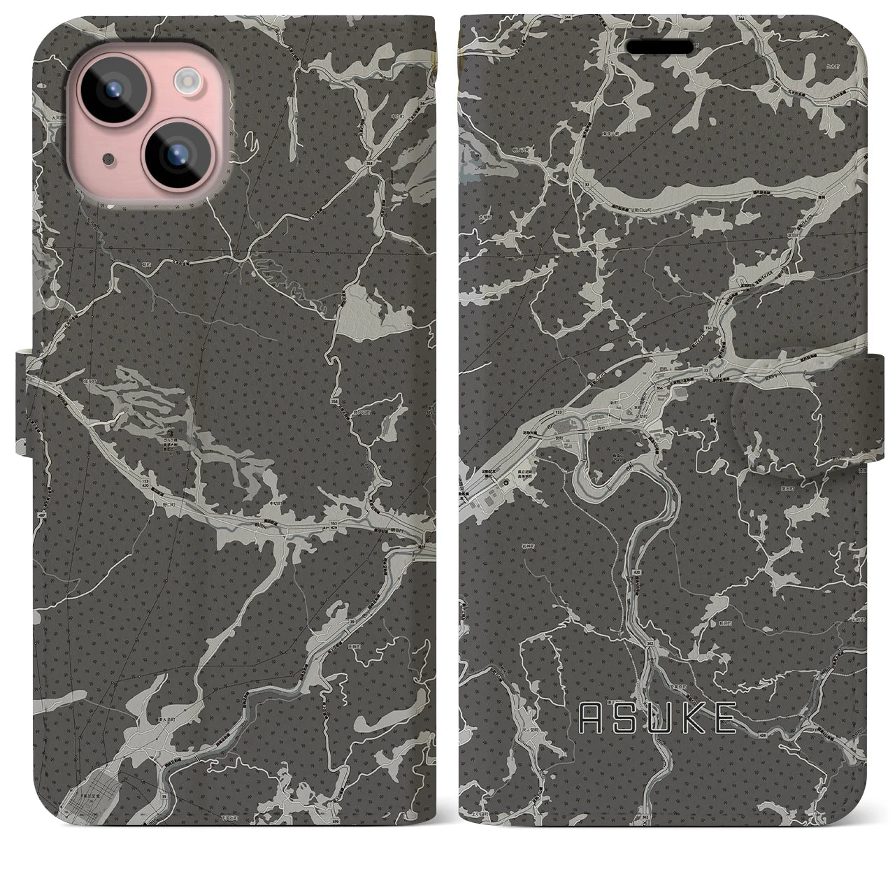 【足助(愛知県)】地図柄iPhoneケース(手帳タイプ)モノトーン・iPhone 15 Plus 用