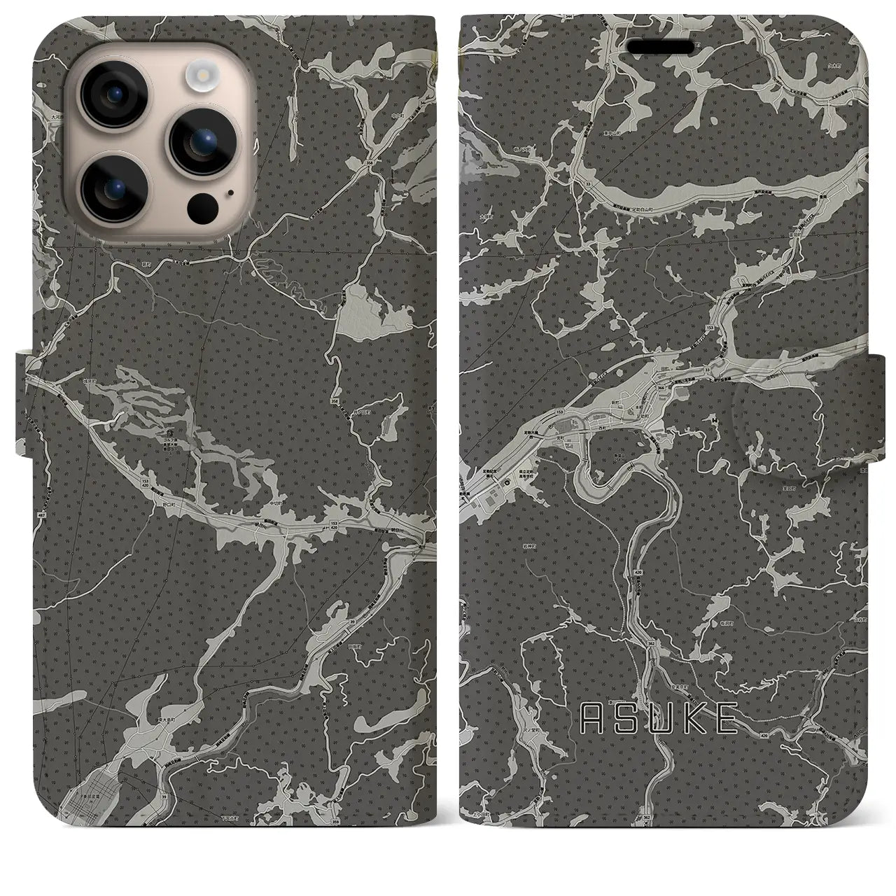 【足助(愛知県)】地図柄iPhoneケース(手帳タイプ)モノトーン・iPhone 16 Plus 用