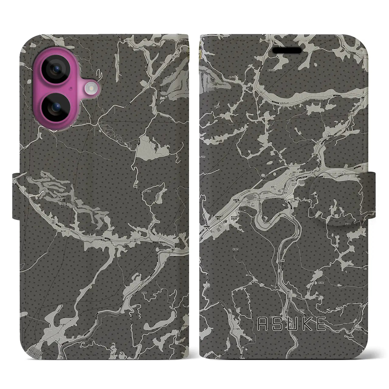 【足助(愛知県)】地図柄iPhoneケース(手帳タイプ)モノトーン・iPhone 16 Pro 用