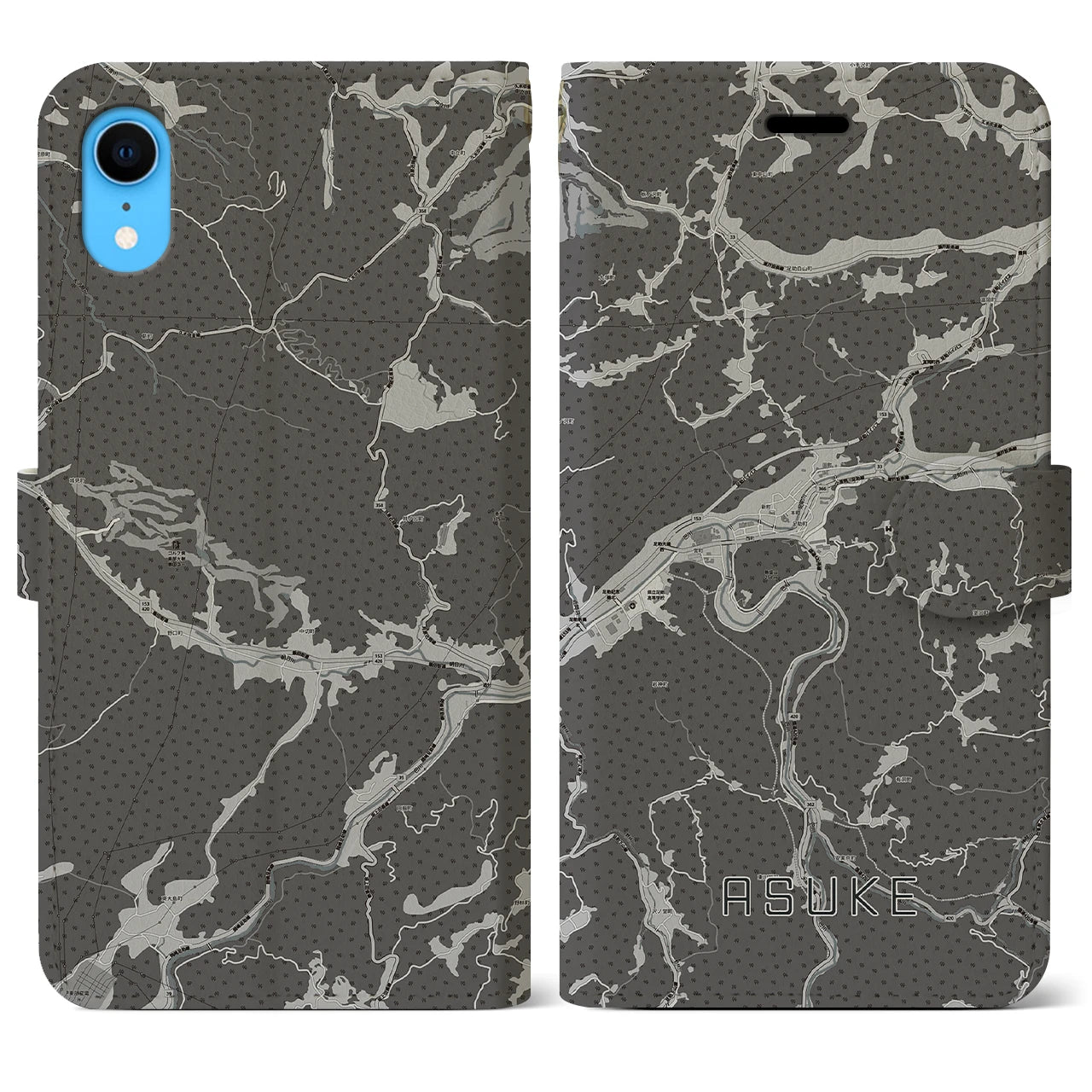 【足助(愛知県)】地図柄iPhoneケース(手帳タイプ)モノトーン・iPhone XR 用