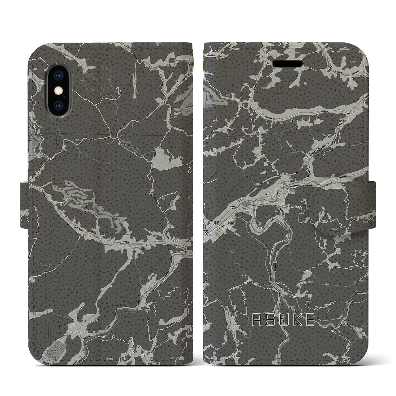 【足助(愛知県)】地図柄iPhoneケース(手帳タイプ)モノトーン・iPhone XS / X 用