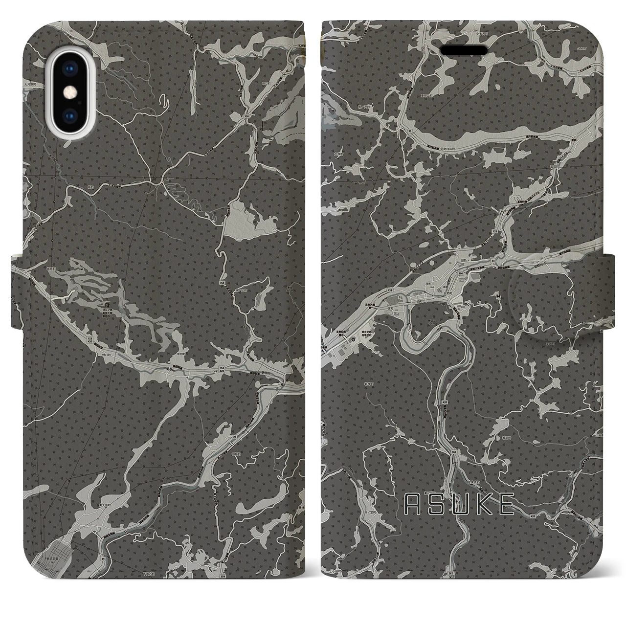 【足助(愛知県)】地図柄iPhoneケース(手帳タイプ)モノトーン・iPhone XS Max 用