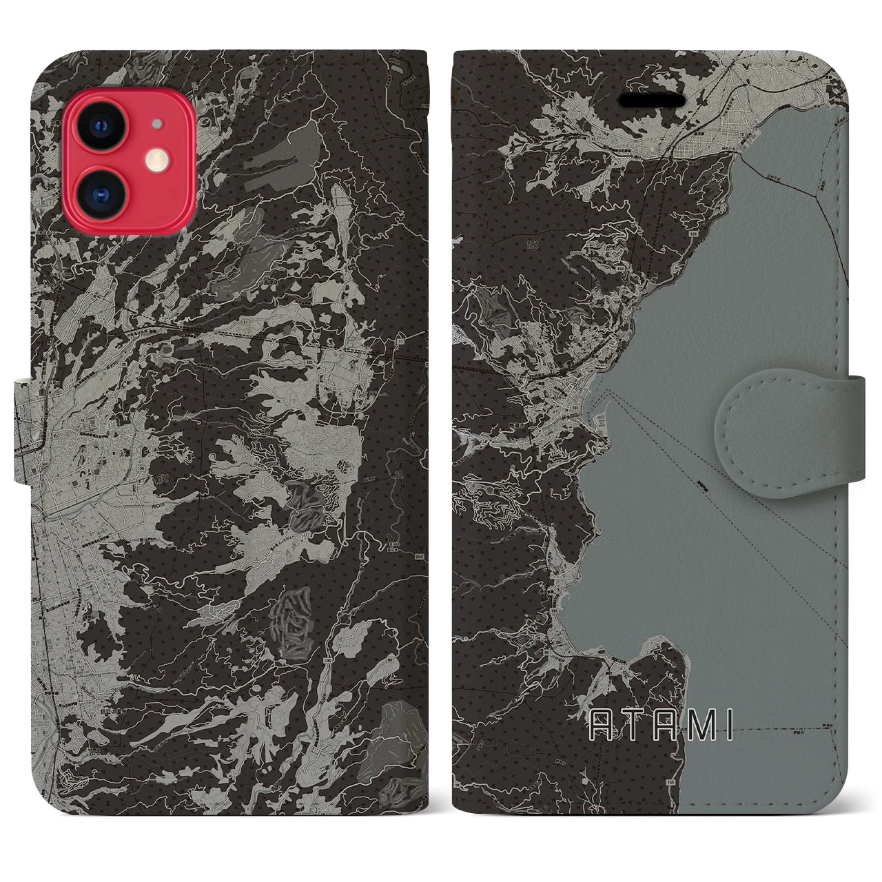 【熱海(静岡県)】地図柄iPhoneケース(手帳タイプ)モノトーン・iPhone 11 用