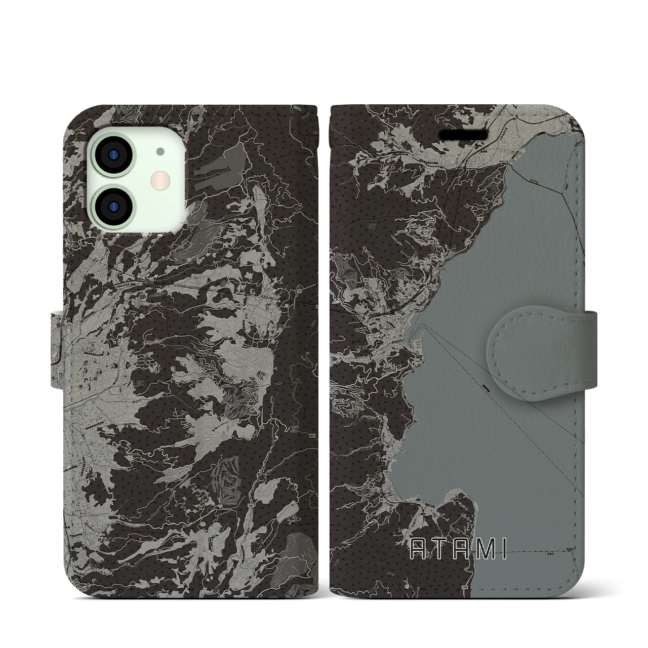 【熱海(静岡県)】地図柄iPhoneケース(手帳タイプ)モノトーン・iPhone 12 mini 用