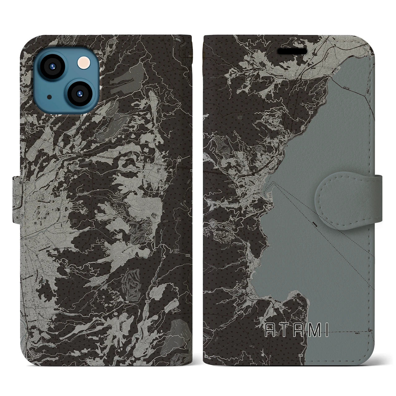 【熱海(静岡県)】地図柄iPhoneケース(手帳タイプ)モノトーン・iPhone 13 用