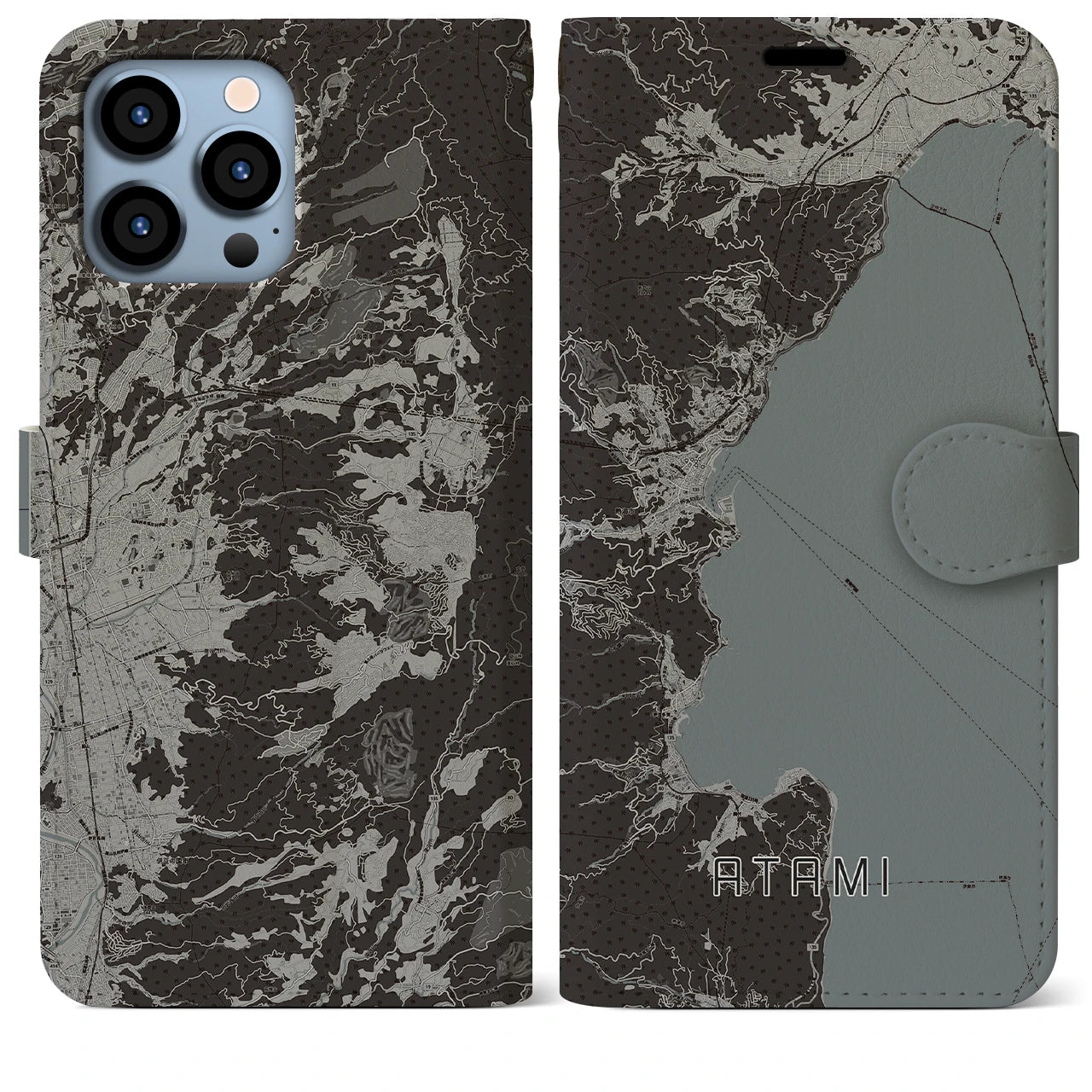 【熱海(静岡県)】地図柄iPhoneケース(手帳タイプ)モノトーン・iPhone 13 Pro Max 用