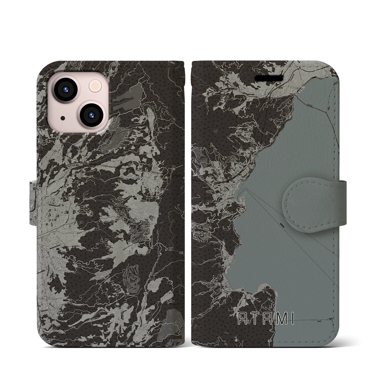 【熱海(静岡県)】地図柄iPhoneケース(手帳タイプ)モノトーン・iPhone 13 mini 用