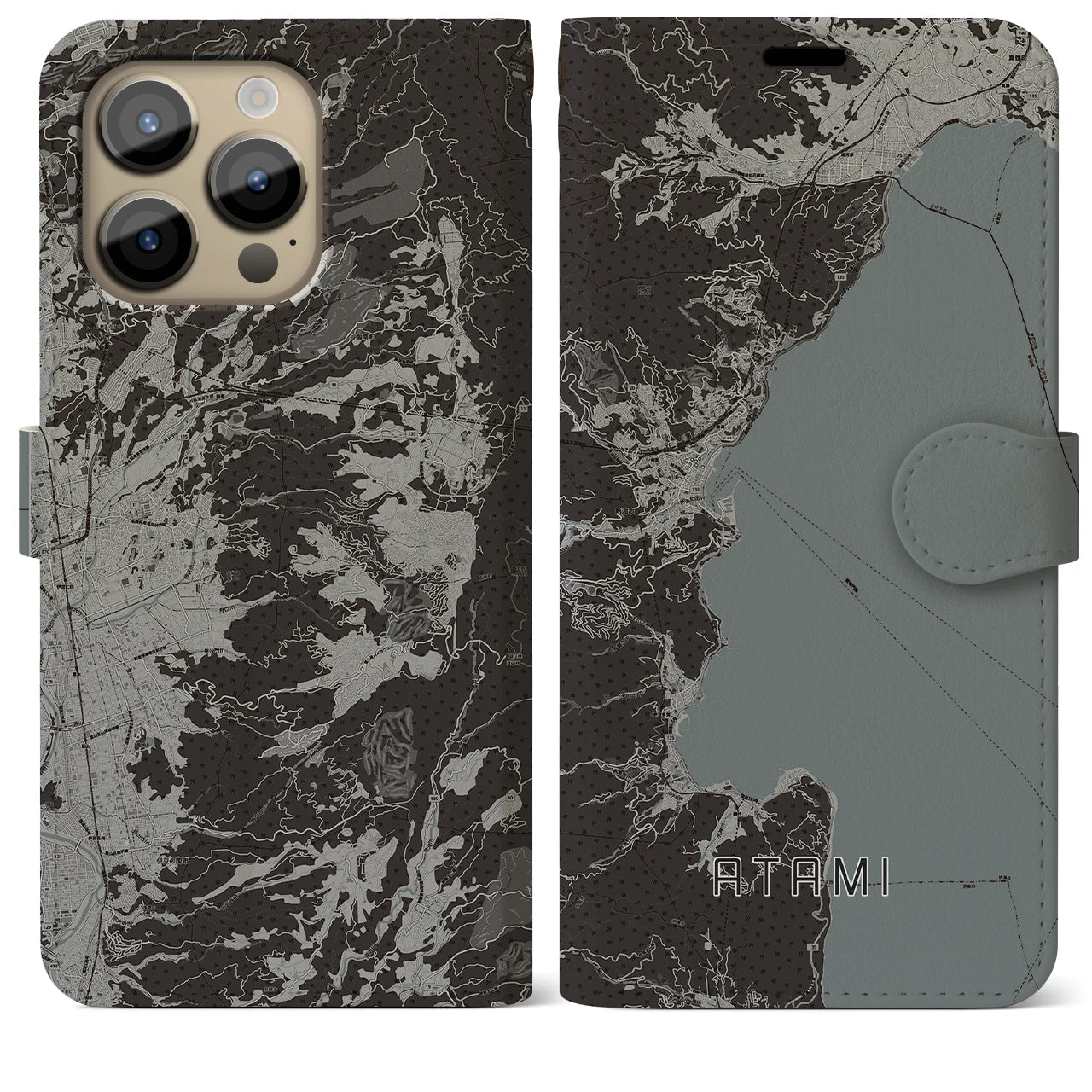 【熱海(静岡県)】地図柄iPhoneケース(手帳タイプ)モノトーン・iPhone 14 Pro Max 用