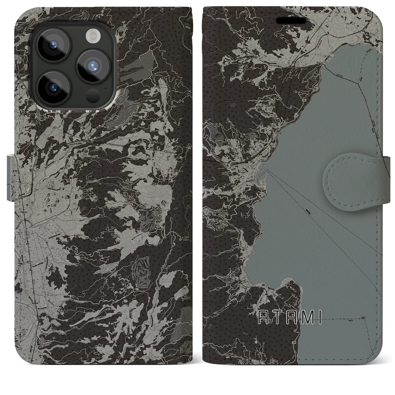 【熱海(静岡県)】地図柄iPhoneケース(手帳タイプ)モノトーン・iPhone 15 Pro Max 用