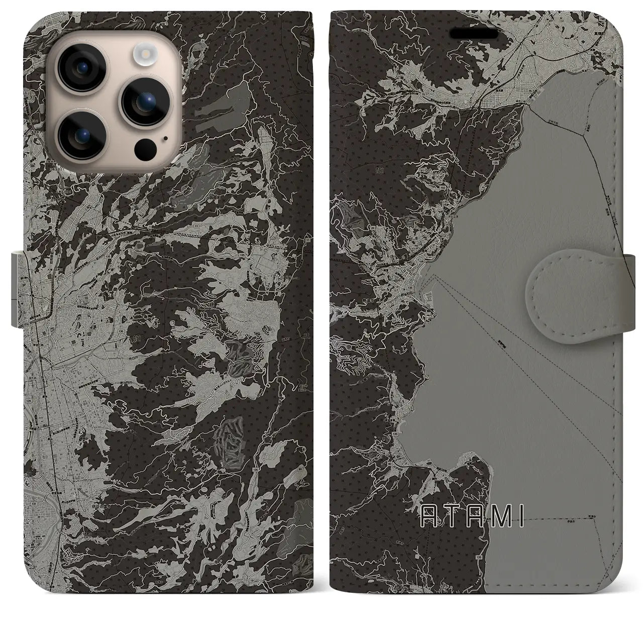 【熱海(静岡県)】地図柄iPhoneケース(手帳タイプ)モノトーン・iPhone 16 Plus 用