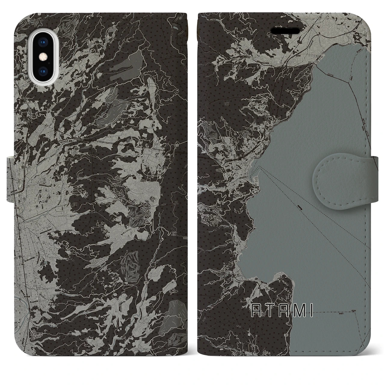 【熱海(静岡県)】地図柄iPhoneケース(手帳タイプ)モノトーン・iPhone XS Max 用
