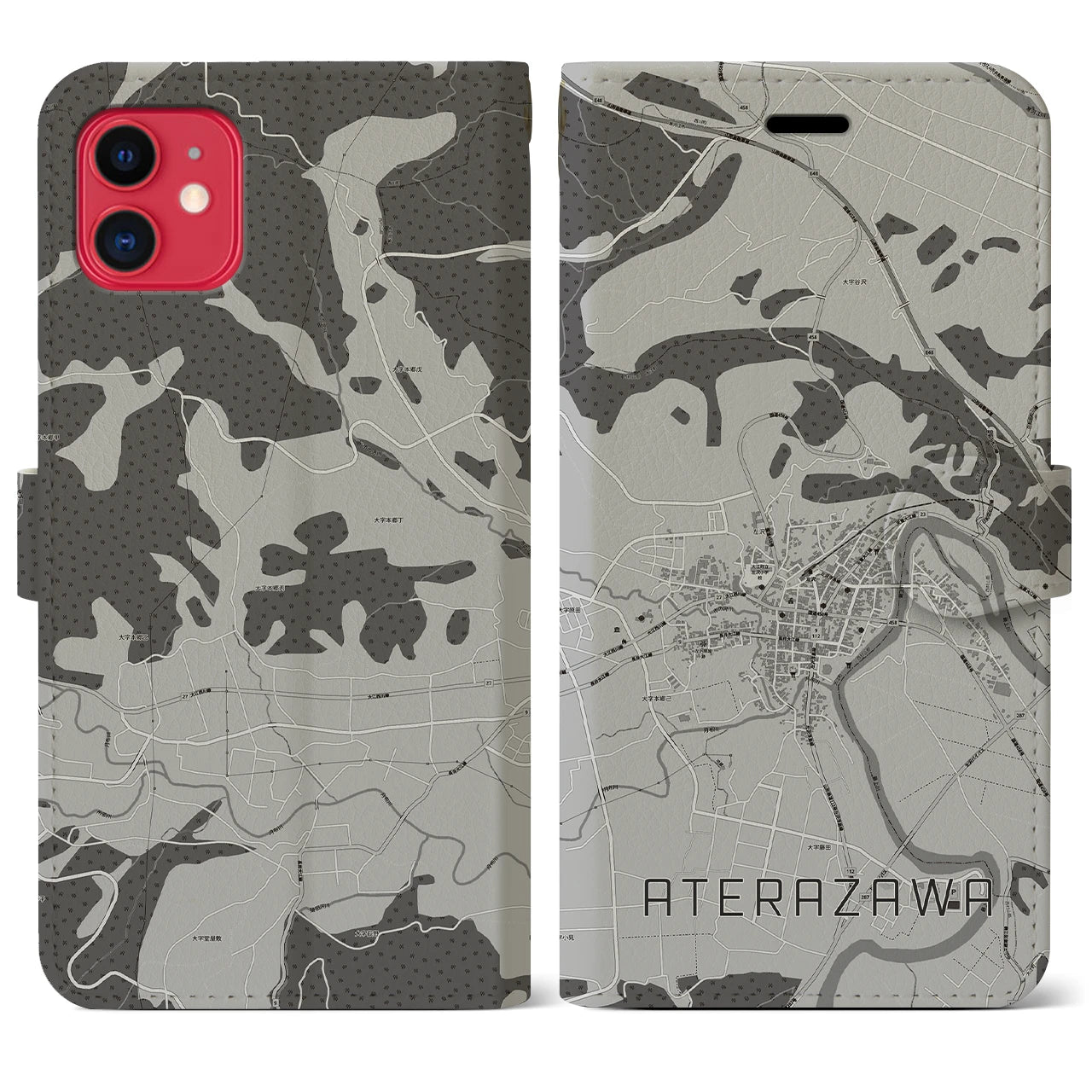 【左沢(山形県)】地図柄iPhoneケース(手帳タイプ)モノトーン・iPhone 11 用