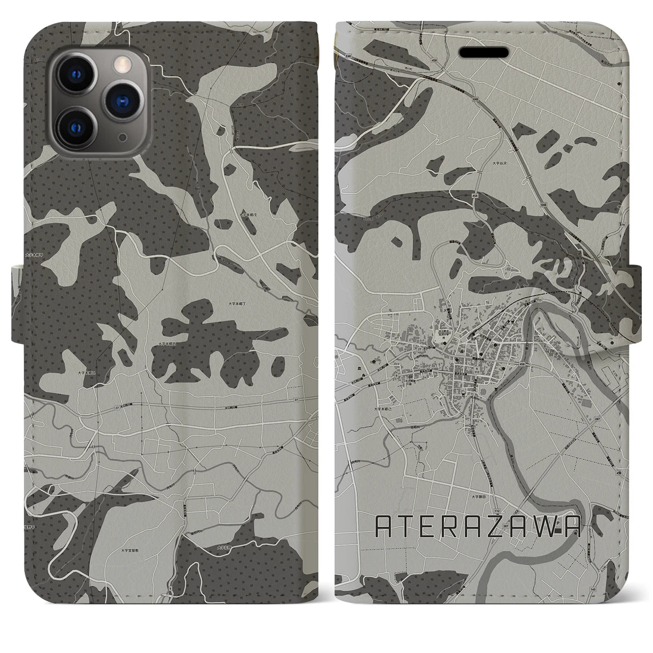 【左沢(山形県)】地図柄iPhoneケース(手帳タイプ)モノトーン・iPhone 11 Pro Max 用