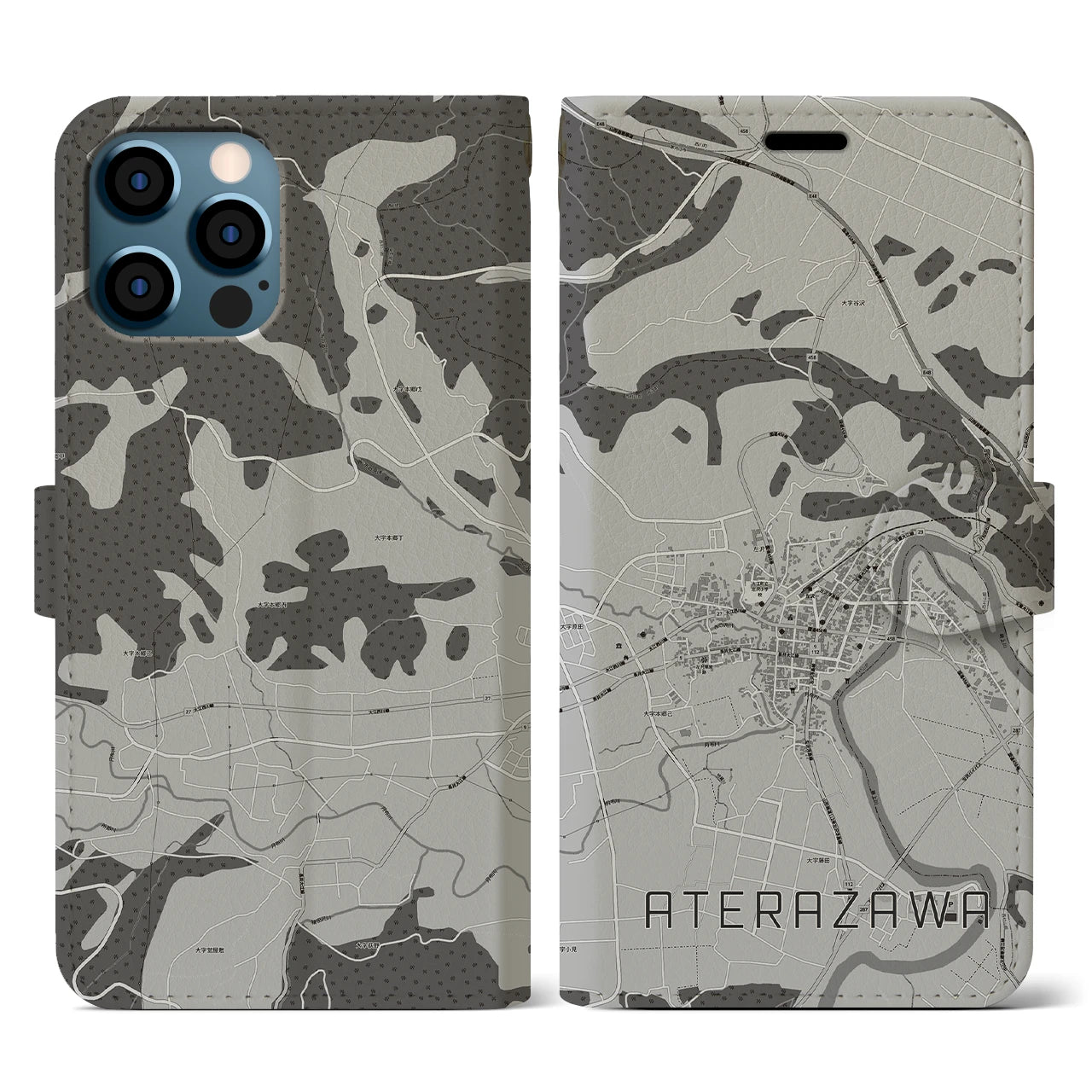【左沢(山形県)】地図柄iPhoneケース(手帳タイプ)モノトーン・iPhone 12 / 12 Pro 用