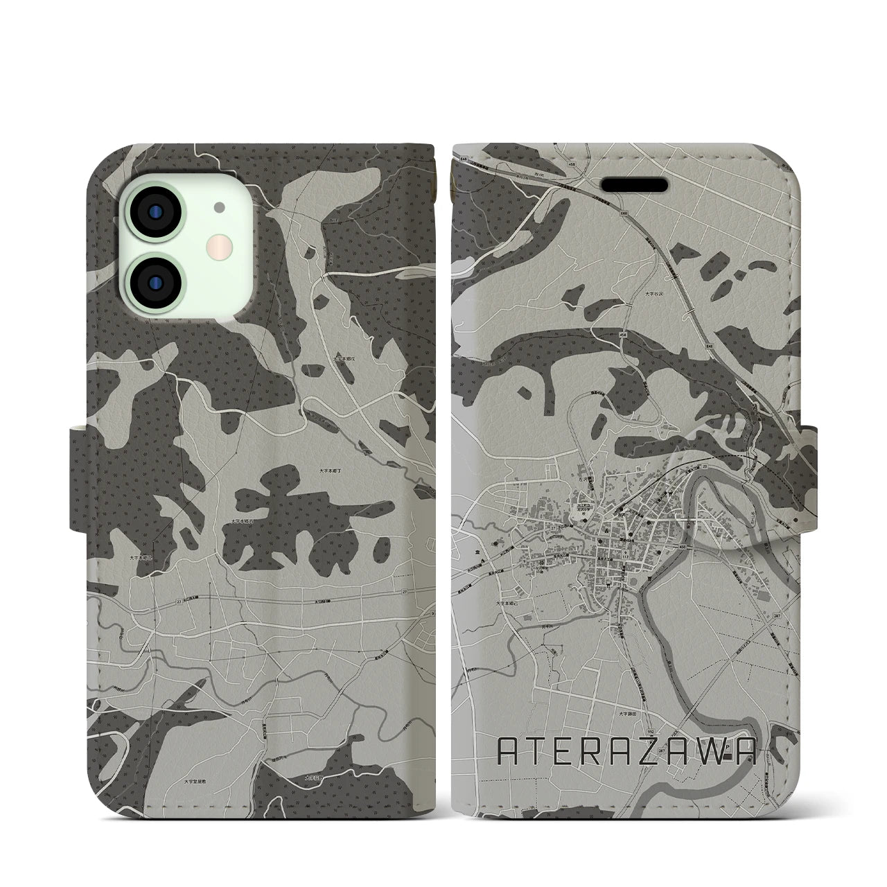 【左沢(山形県)】地図柄iPhoneケース(手帳タイプ)モノトーン・iPhone 12 mini 用
