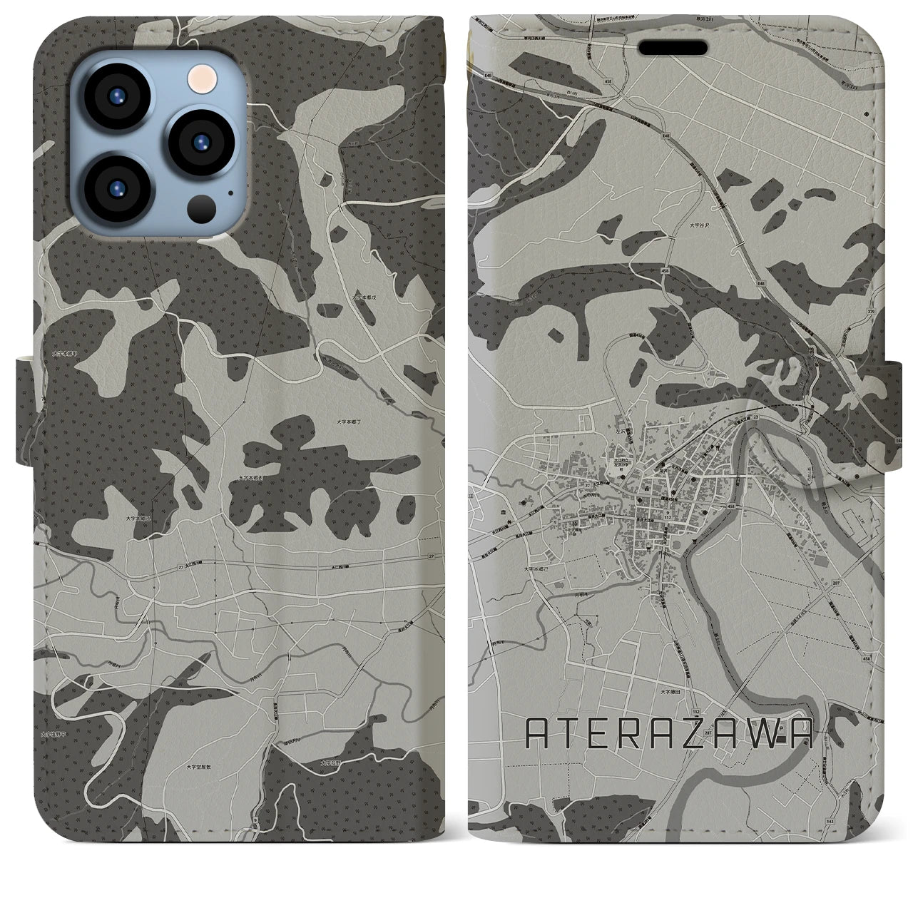 【左沢(山形県)】地図柄iPhoneケース(手帳タイプ)モノトーン・iPhone 13 Pro Max 用