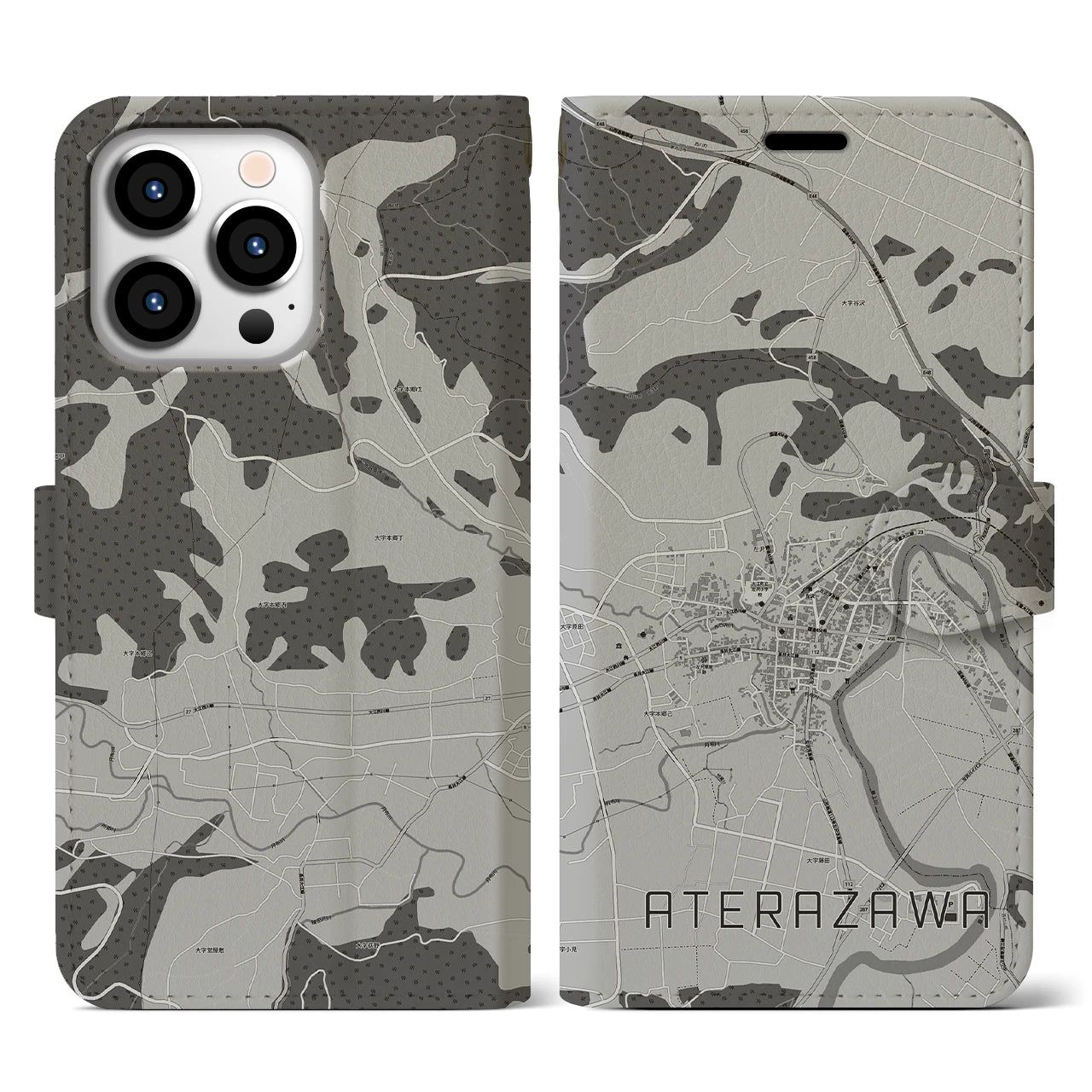 【左沢(山形県)】地図柄iPhoneケース(手帳タイプ)モノトーン・iPhone 13 Pro 用