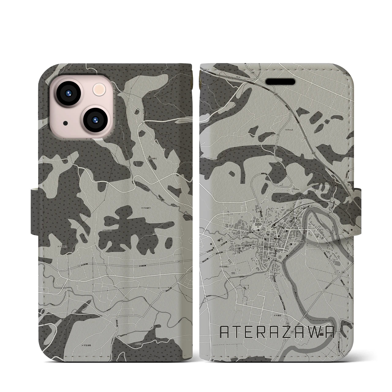 【左沢(山形県)】地図柄iPhoneケース(手帳タイプ)モノトーン・iPhone 13 mini 用