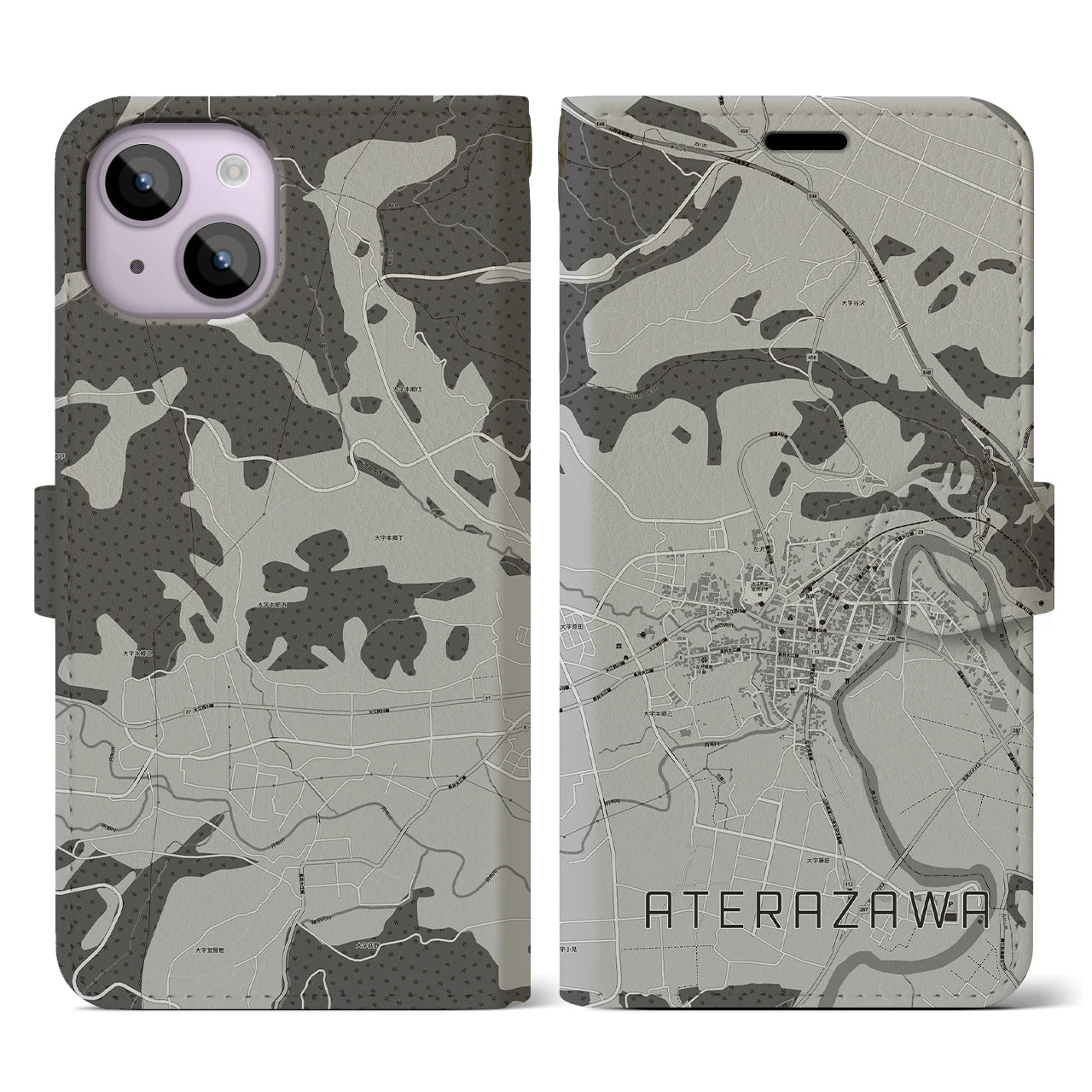 【左沢(山形県)】地図柄iPhoneケース(手帳タイプ)モノトーン・iPhone 14 用
