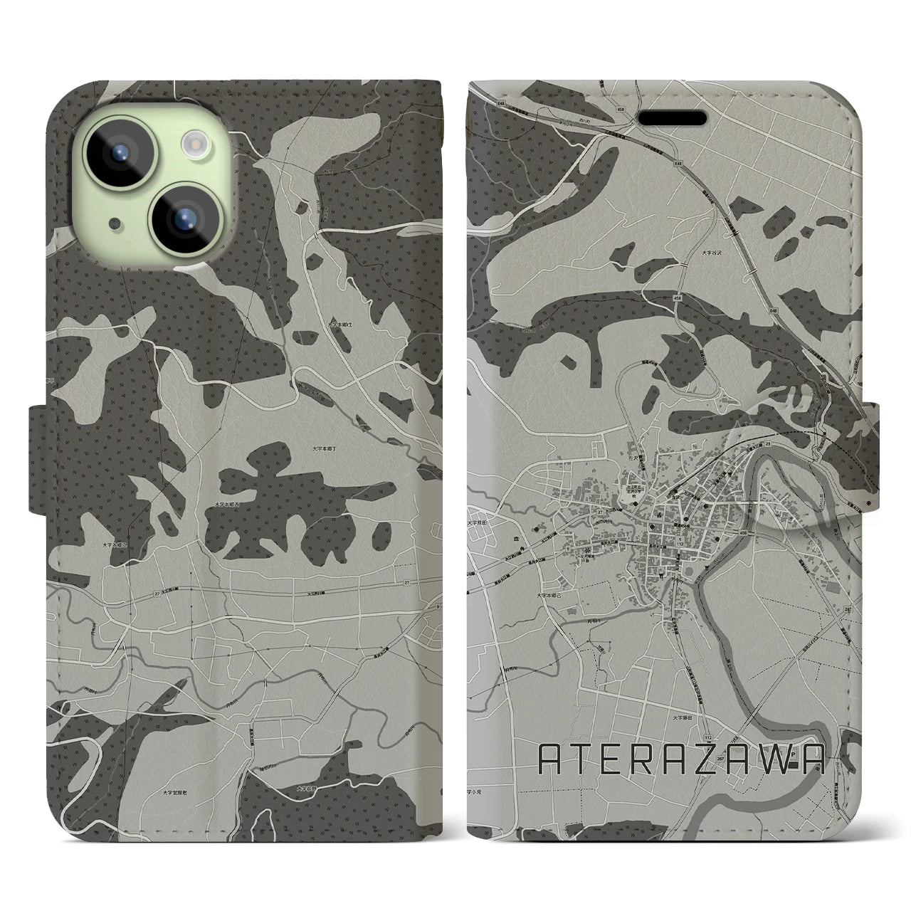 【左沢(山形県)】地図柄iPhoneケース(手帳タイプ)モノトーン・iPhone 15 用