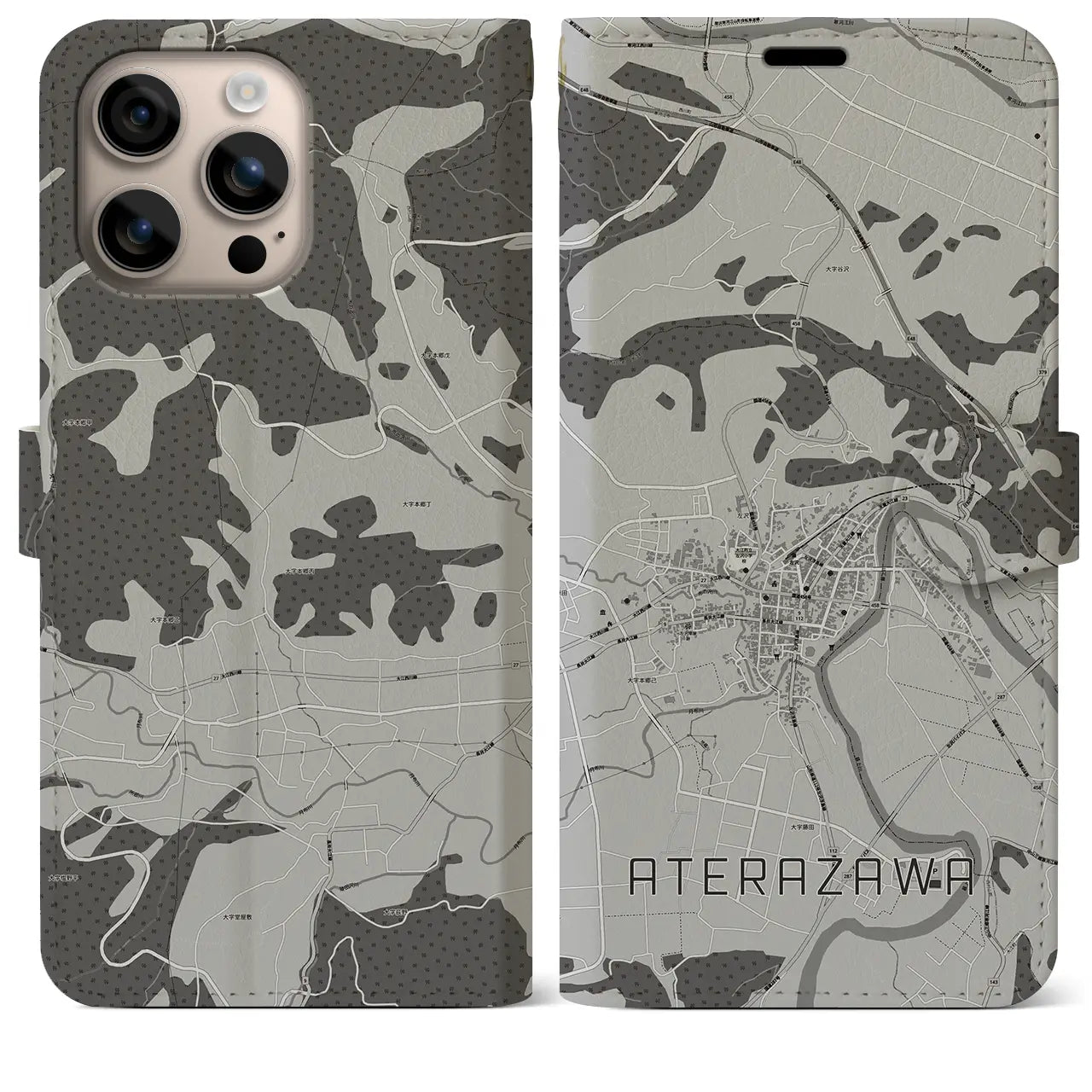 【左沢(山形県)】地図柄iPhoneケース(手帳タイプ)モノトーン・iPhone 16 Plus 用