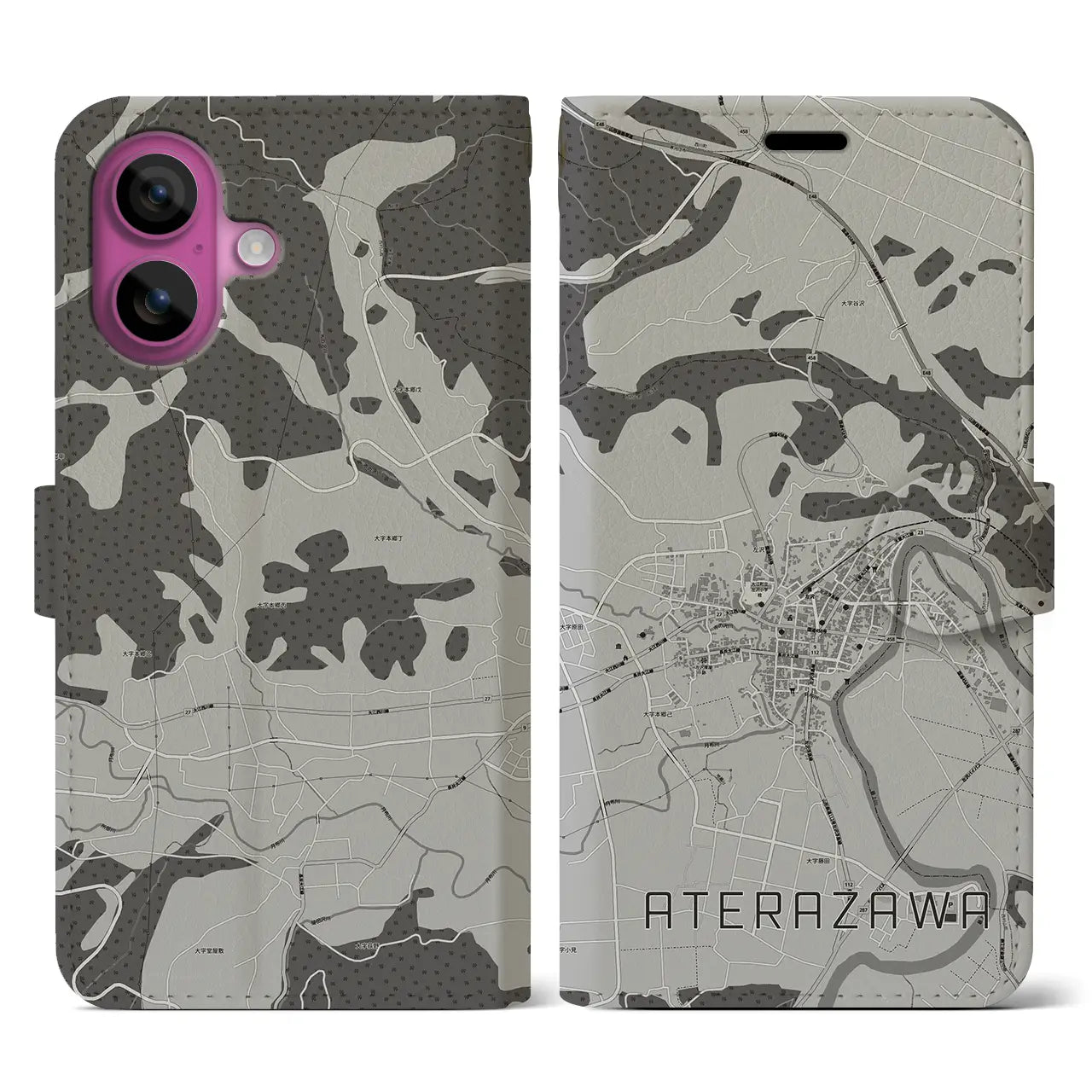 【左沢(山形県)】地図柄iPhoneケース(手帳タイプ)モノトーン・iPhone 16 Pro 用