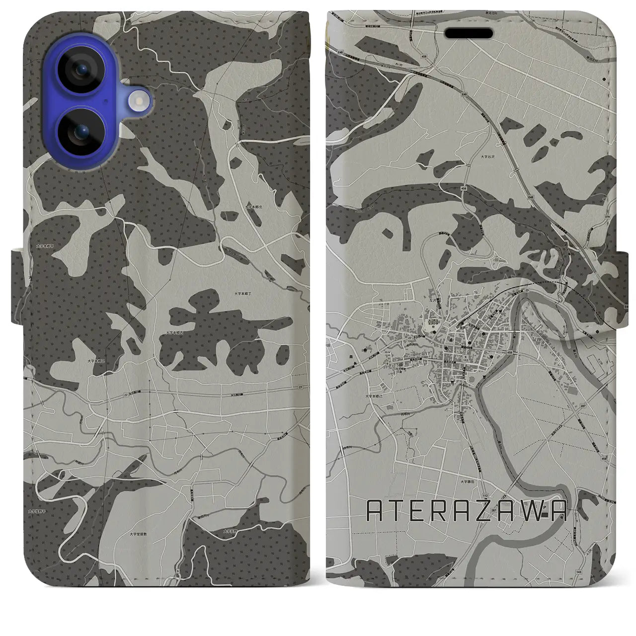 【左沢(山形県)】地図柄iPhoneケース(手帳タイプ)モノトーン・iPhone 16 Pro Max 用
