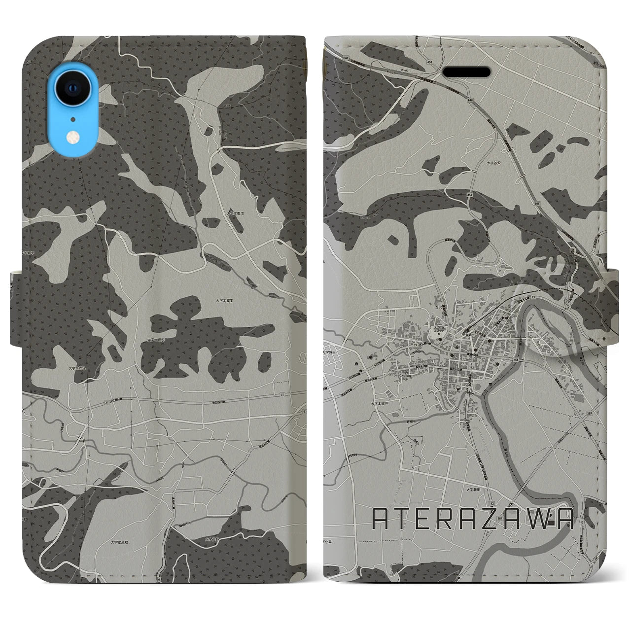 【左沢(山形県)】地図柄iPhoneケース(手帳タイプ)モノトーン・iPhone XR 用