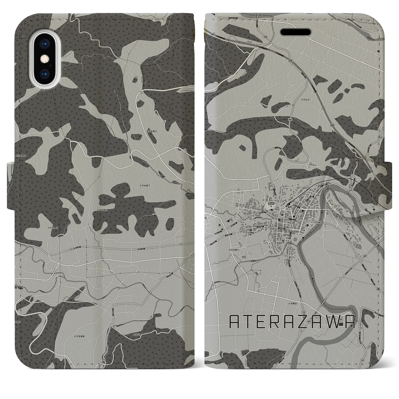 【左沢(山形県)】地図柄iPhoneケース(手帳タイプ)モノトーン・iPhone XS Max 用