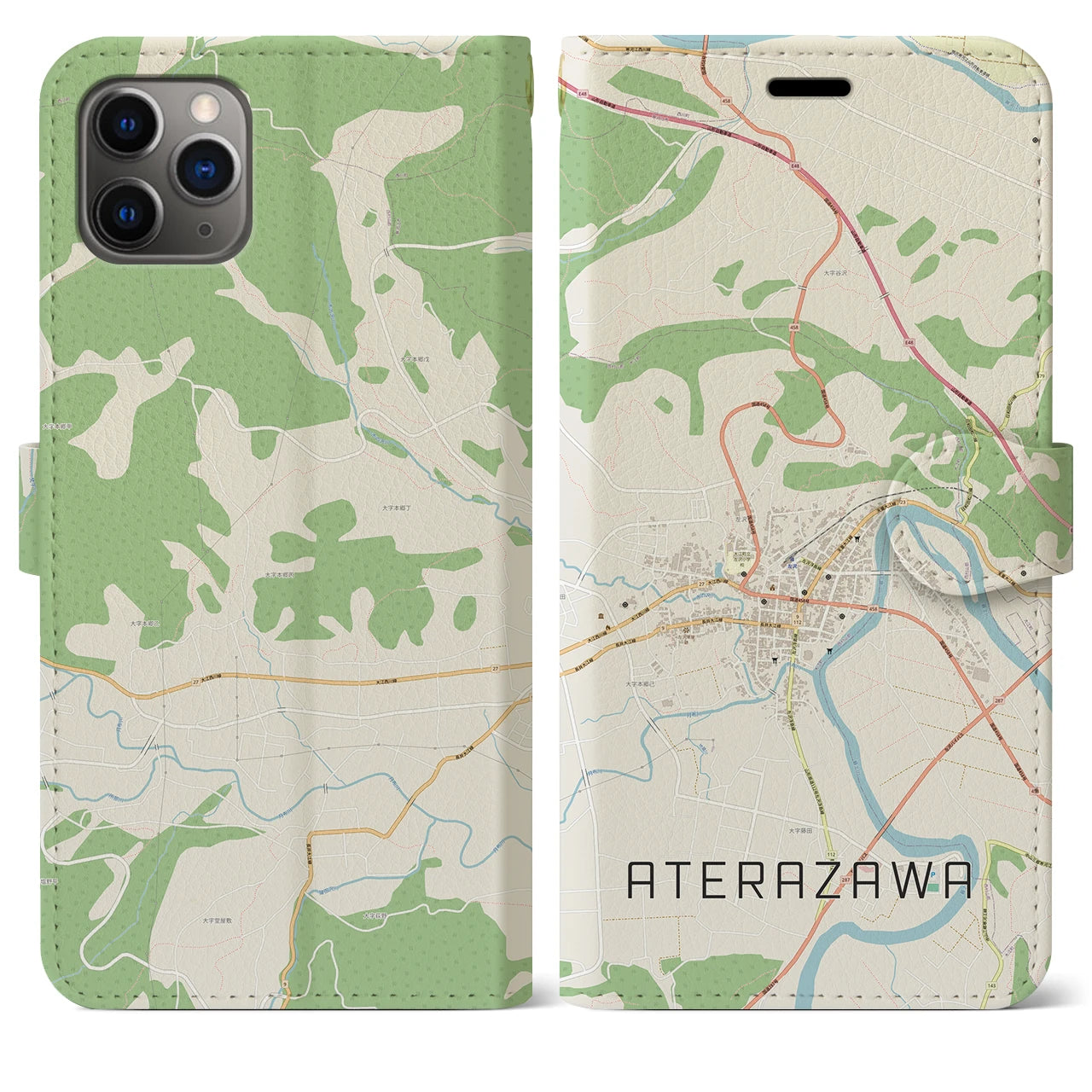 【左沢(山形県)】地図柄iPhoneケース(手帳タイプ)ナチュラル・iPhone 11 Pro Max 用
