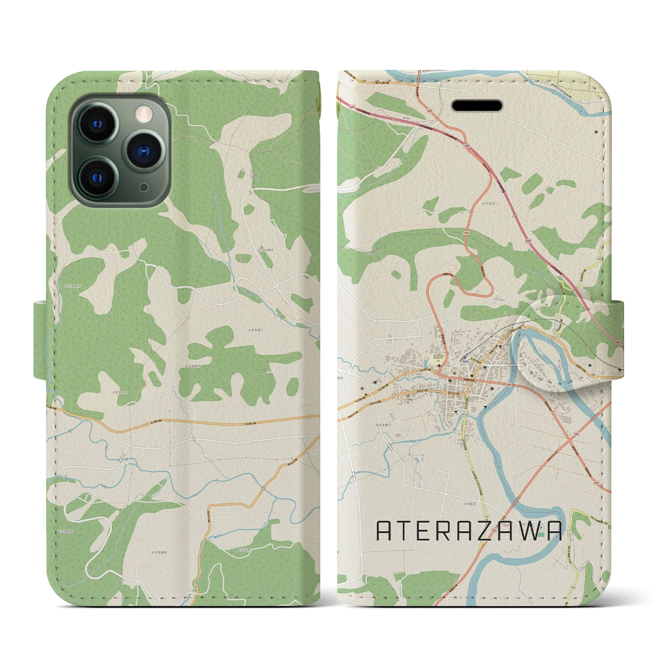 【左沢(山形県)】地図柄iPhoneケース(手帳タイプ)ナチュラル・iPhone 11 Pro 用