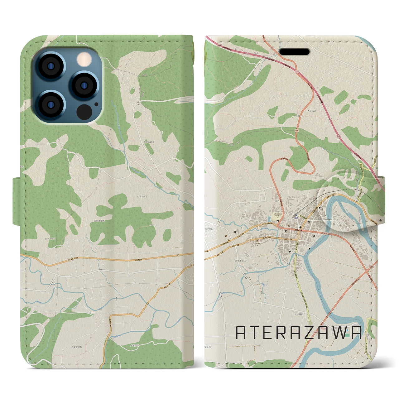 【左沢(山形県)】地図柄iPhoneケース(手帳タイプ)ナチュラル・iPhone 12 / 12 Pro 用