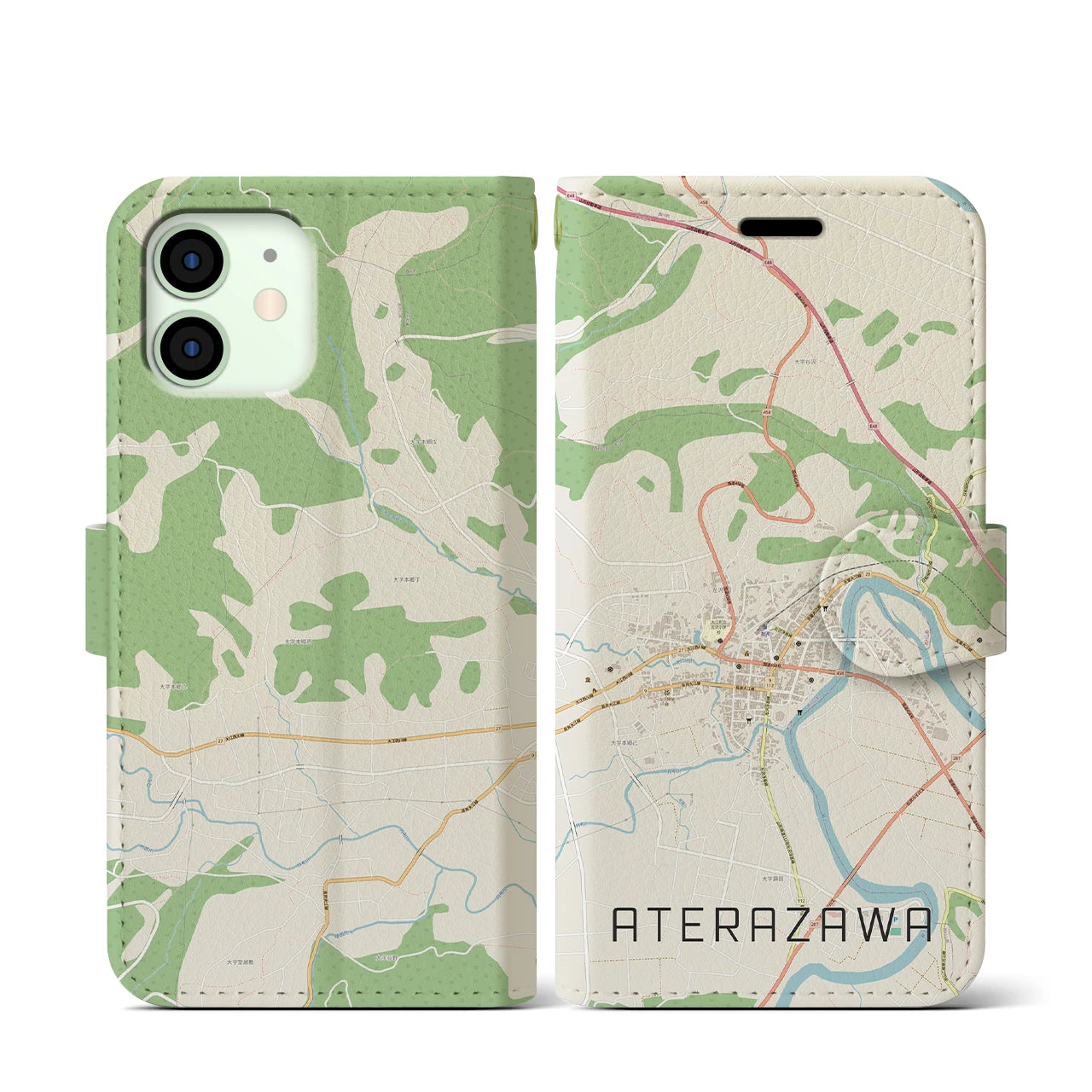 【左沢(山形県)】地図柄iPhoneケース(手帳タイプ)ナチュラル・iPhone 12 mini 用