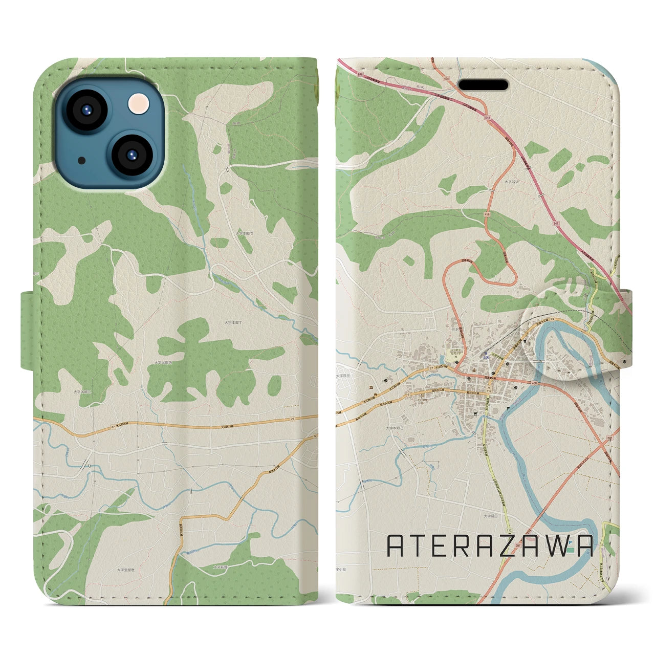 【左沢(山形県)】地図柄iPhoneケース(手帳タイプ)ナチュラル・iPhone 13 用