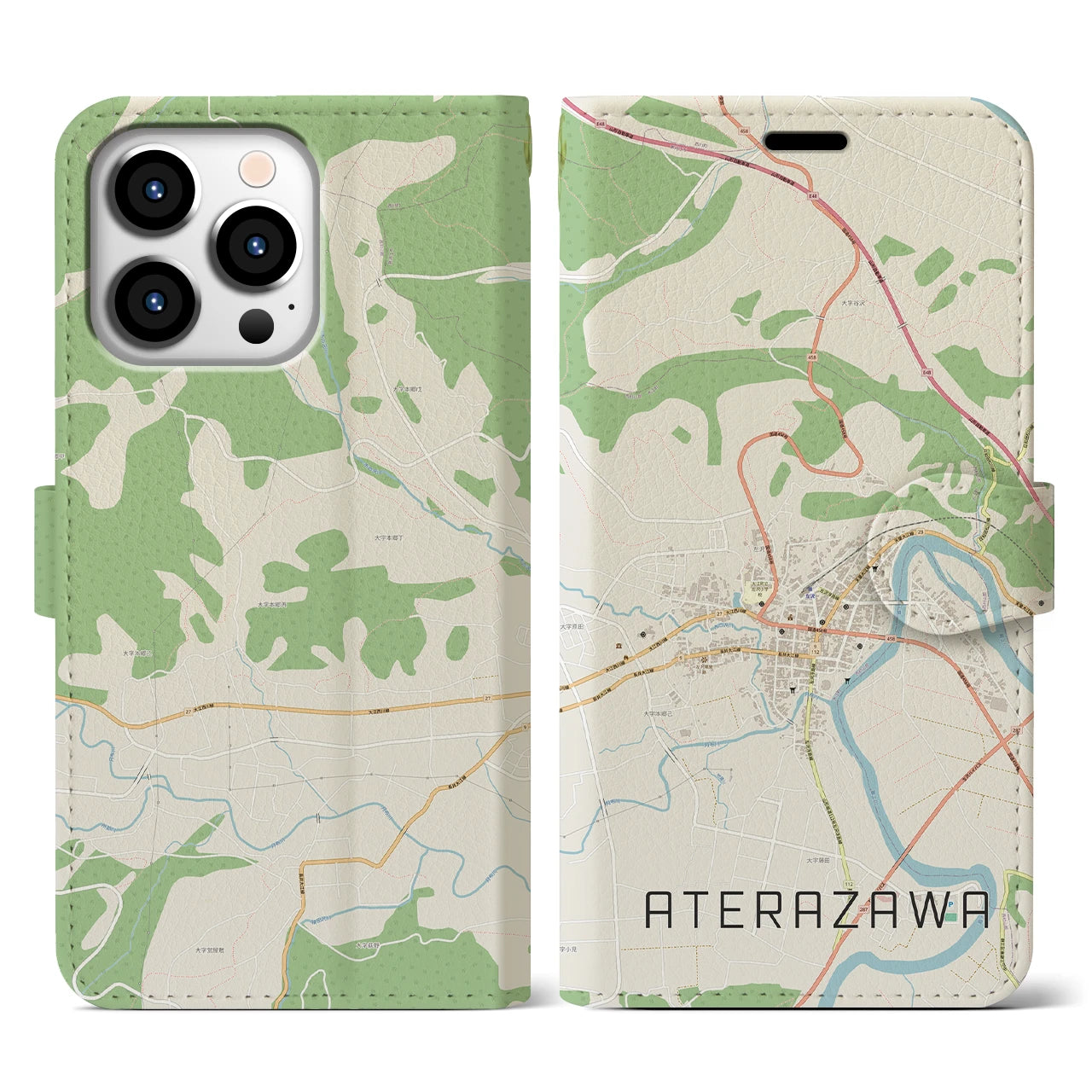 【左沢(山形県)】地図柄iPhoneケース(手帳タイプ)ナチュラル・iPhone 13 Pro 用