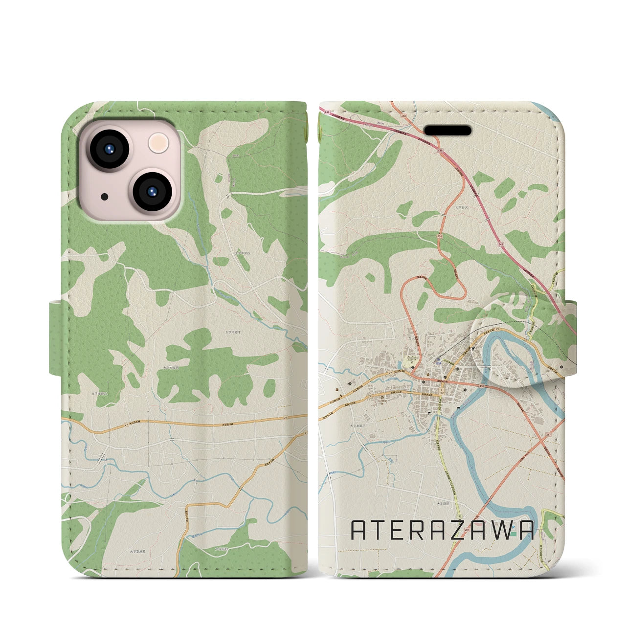 【左沢(山形県)】地図柄iPhoneケース(手帳タイプ)ナチュラル・iPhone 13 mini 用