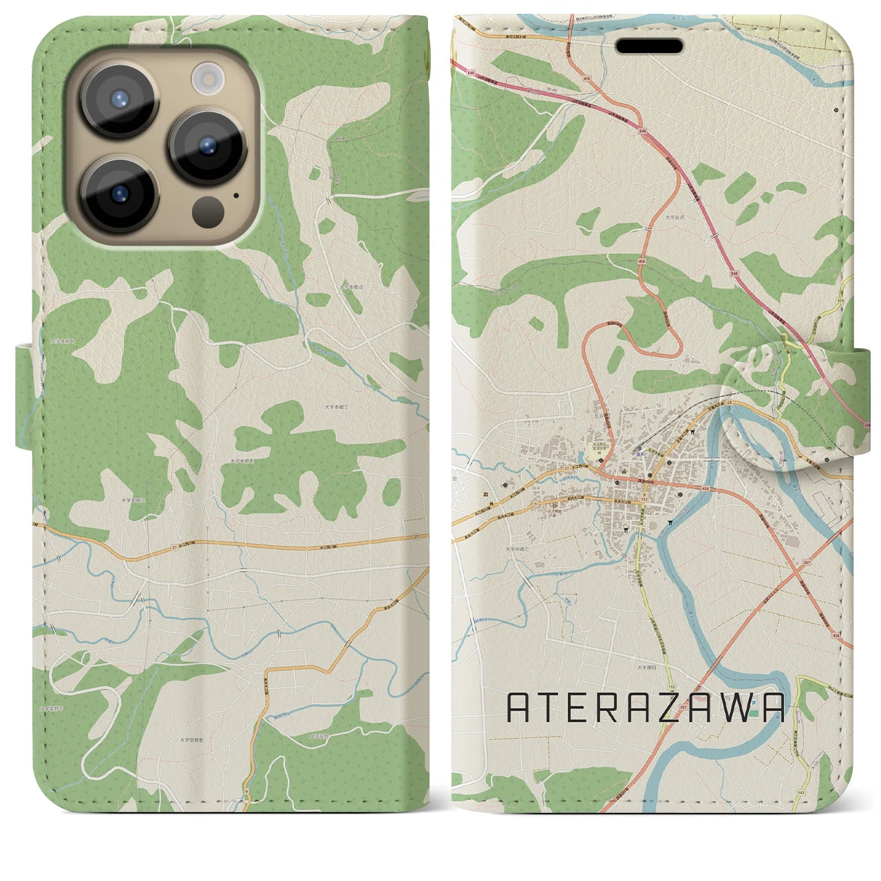 【左沢(山形県)】地図柄iPhoneケース(手帳タイプ)ナチュラル・iPhone 14 Pro Max 用