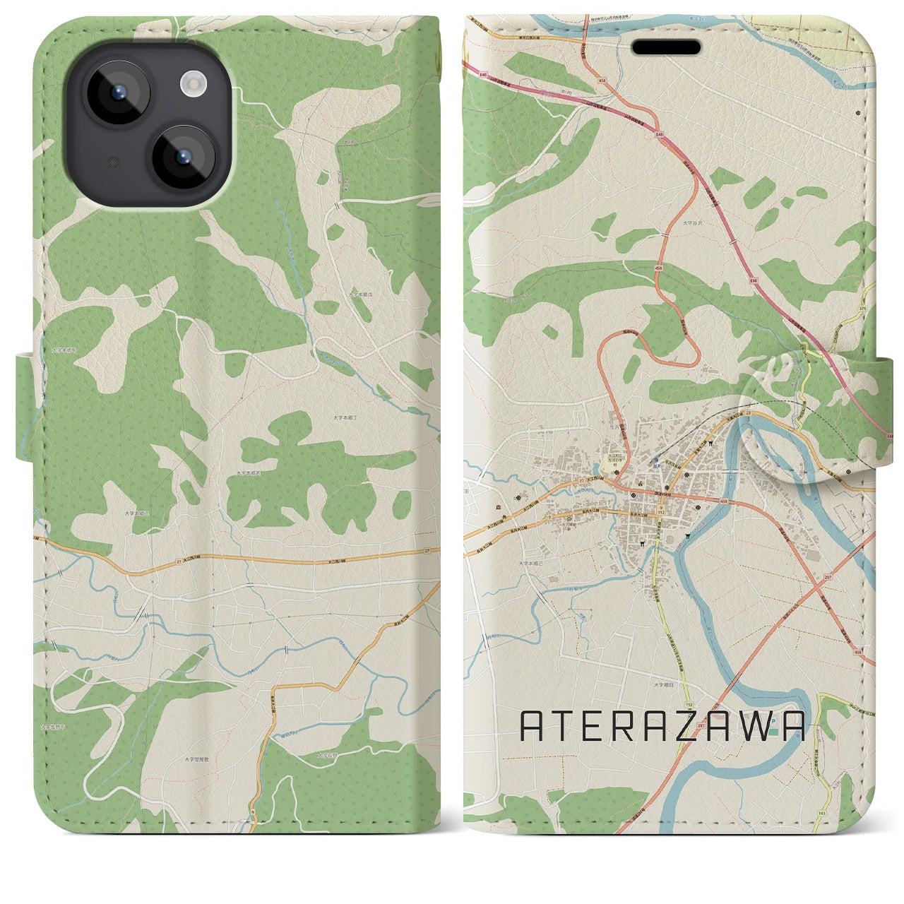 【左沢(山形県)】地図柄iPhoneケース(手帳タイプ)ナチュラル・iPhone 14 Plus 用