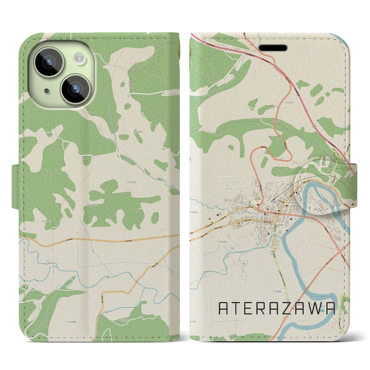 【左沢(山形県)】地図柄iPhoneケース(手帳タイプ)ナチュラル・iPhone 15 用