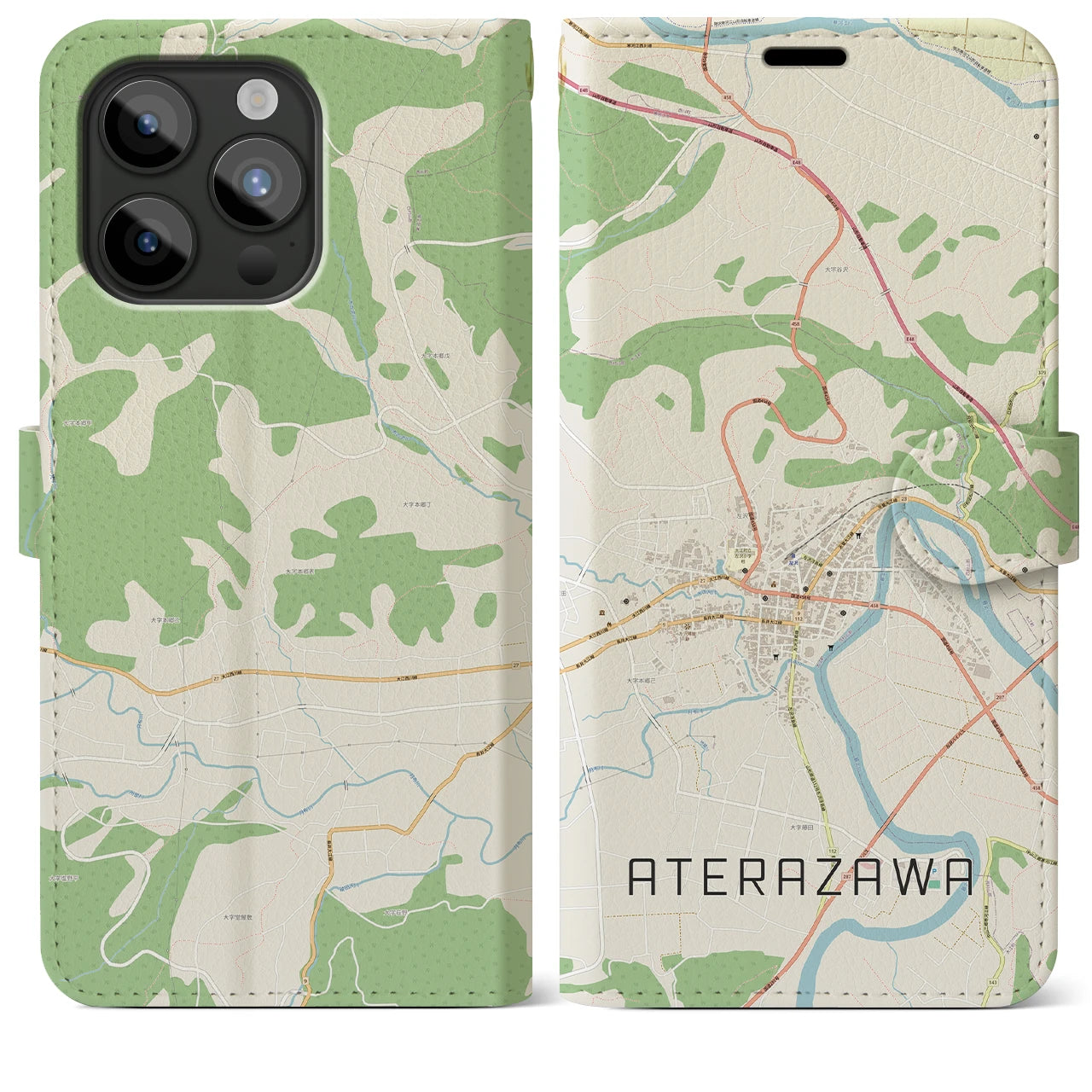【左沢(山形県)】地図柄iPhoneケース(手帳タイプ)ナチュラル・iPhone 15 Pro Max 用