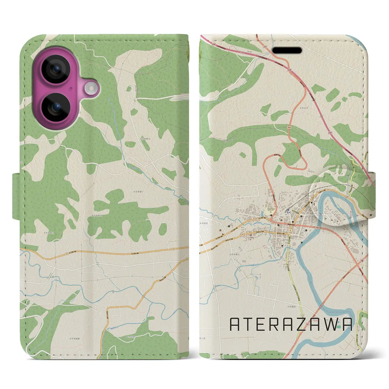 【左沢(山形県)】地図柄iPhoneケース(手帳タイプ)ナチュラル・iPhone 16 Pro 用