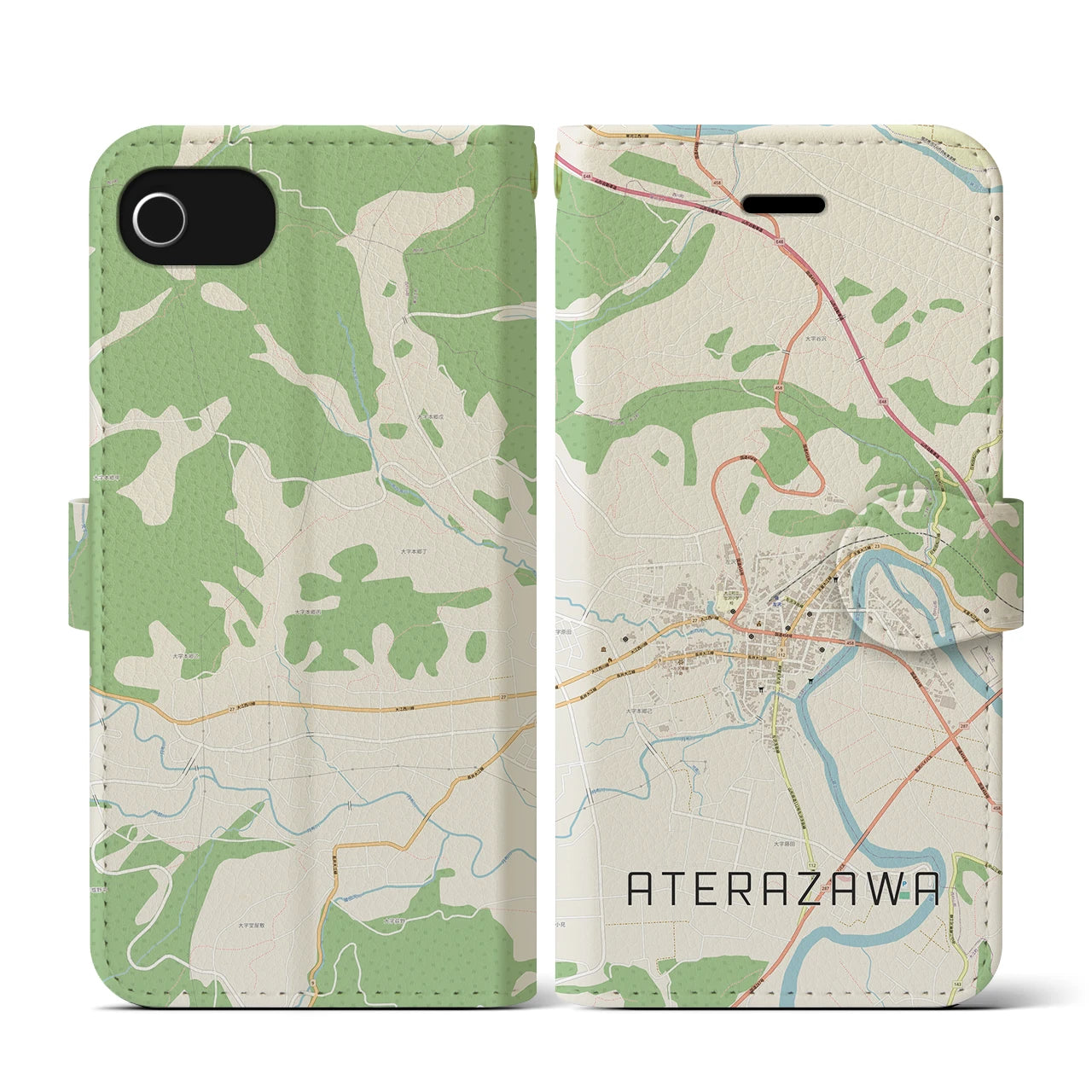 【左沢(山形県)】地図柄iPhoneケース(手帳タイプ)ナチュラル・iPhone SE(第3 / 第2世代) / 8 / 7 / 6s / 6 用