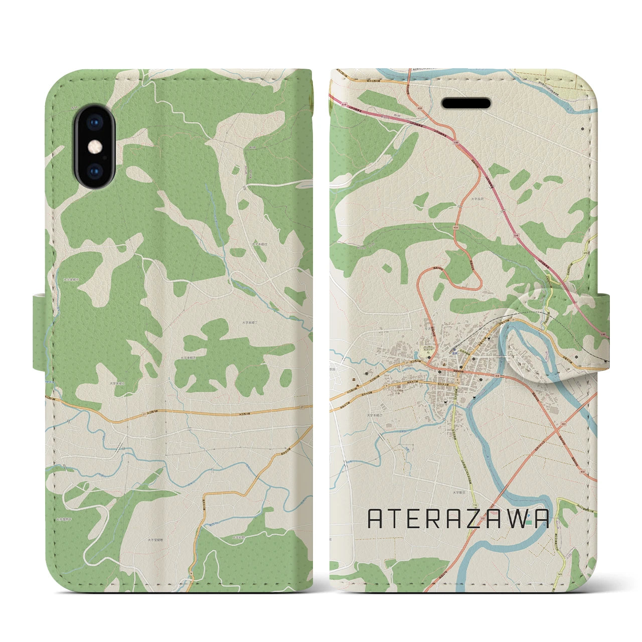 【左沢(山形県)】地図柄iPhoneケース(手帳タイプ)ナチュラル・iPhone XS / X 用