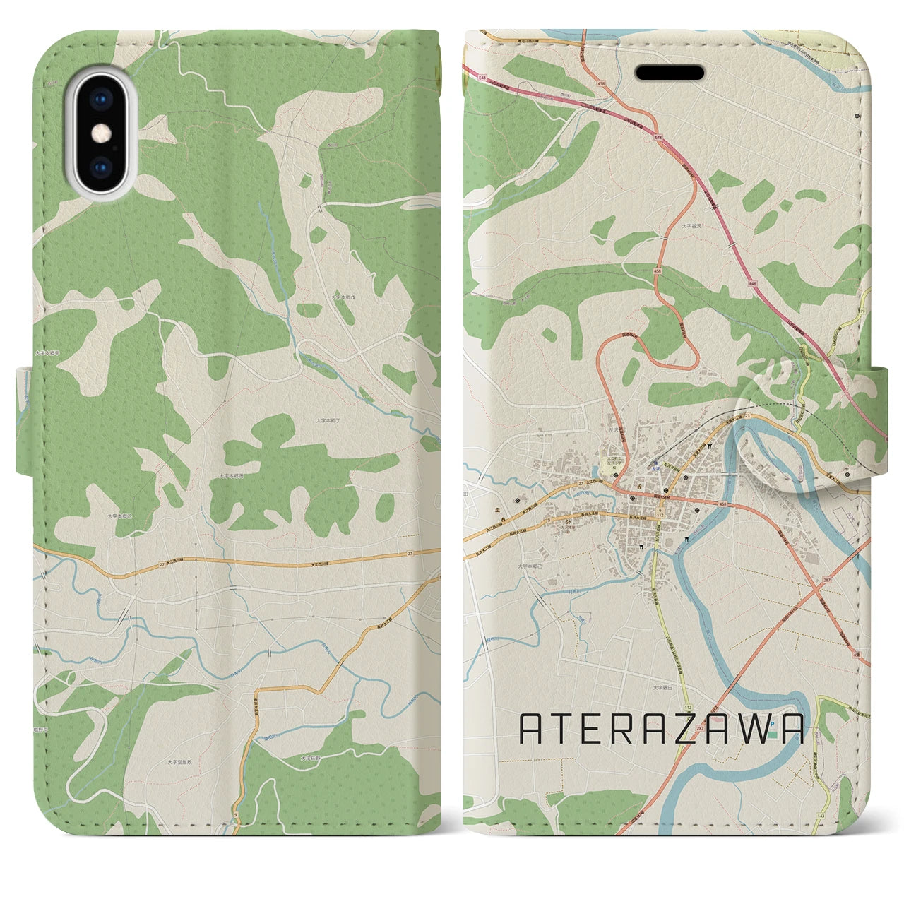 【左沢(山形県)】地図柄iPhoneケース(手帳タイプ)ナチュラル・iPhone XS Max 用
