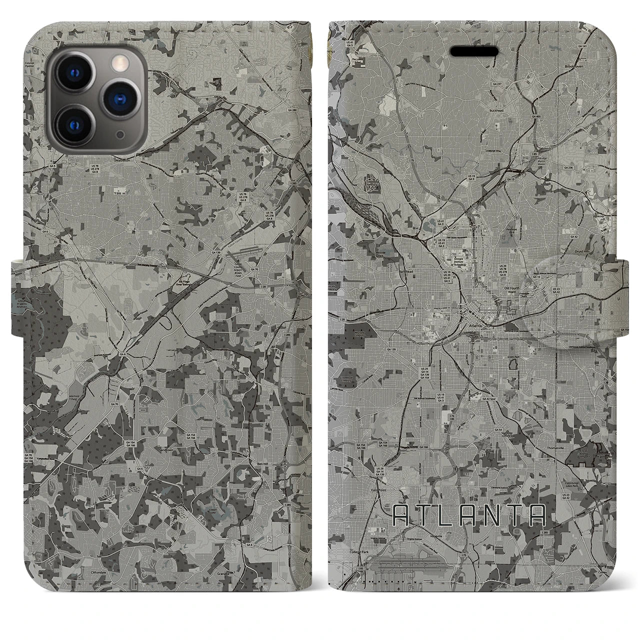 【アトランタ(アメリカ)】地図柄iPhoneケース(手帳タイプ)モノトーン・iPhone 11 Pro Max 用