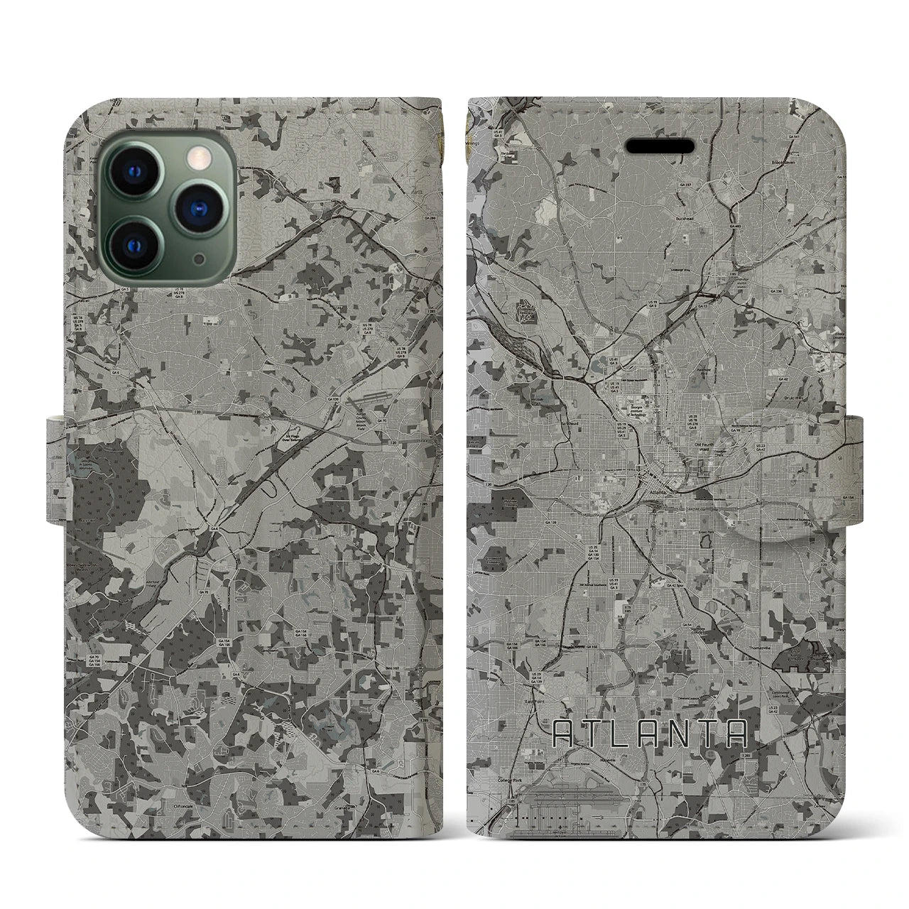 【アトランタ(アメリカ)】地図柄iPhoneケース(手帳タイプ)モノトーン・iPhone 11 Pro 用