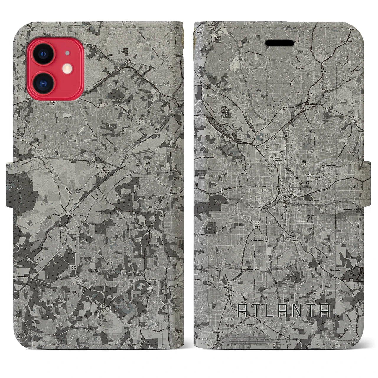 【アトランタ(アメリカ)】地図柄iPhoneケース(手帳タイプ)モノトーン・iPhone 11 用