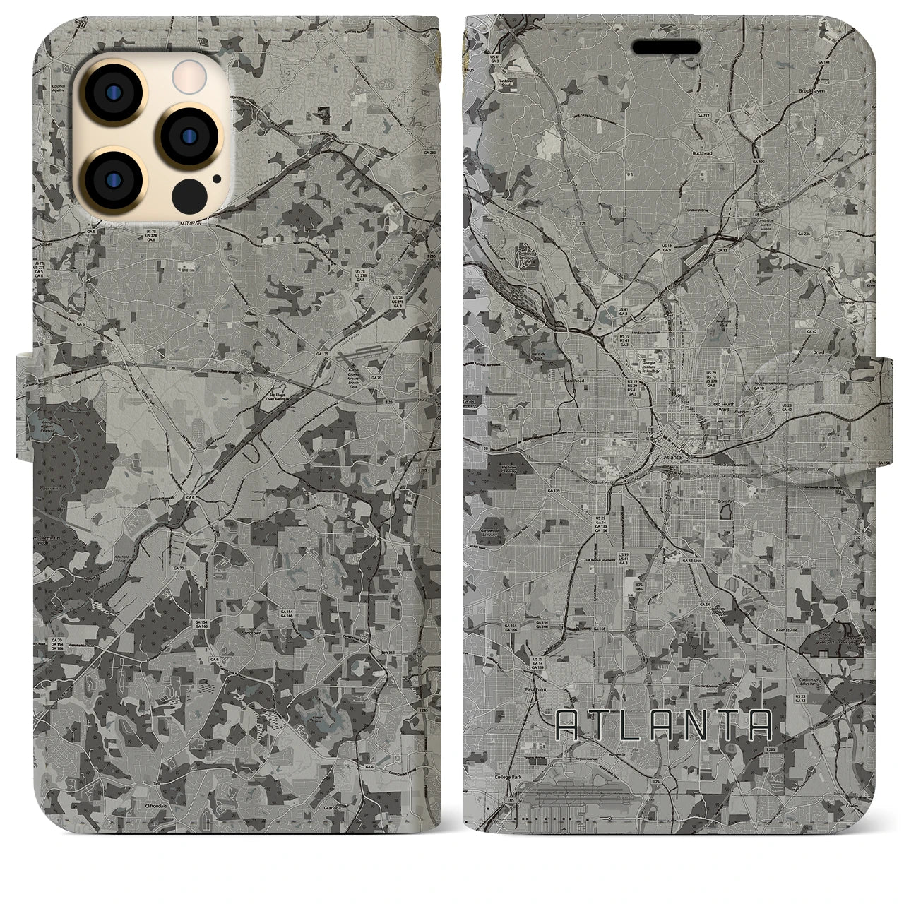 【アトランタ(アメリカ)】地図柄iPhoneケース(手帳タイプ)モノトーン・iPhone 12 Pro Max 用